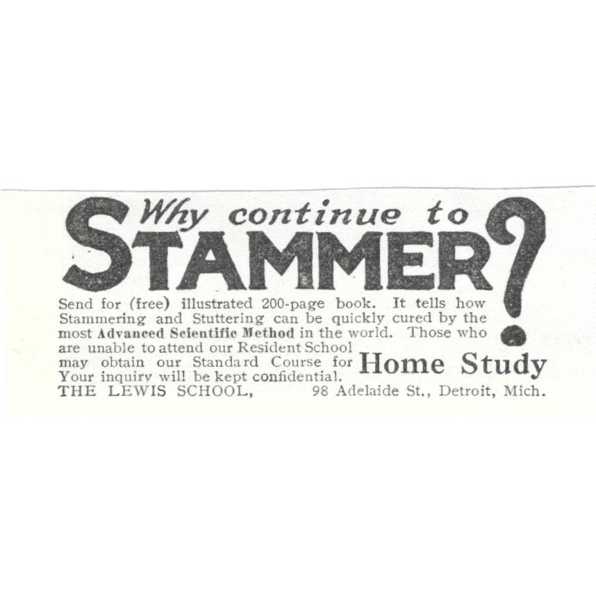 Stammering Stuttering Home Study The Lewis School Detroit c1918 Ad AE5-SV2