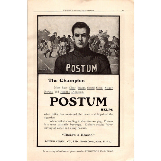 Postum Cereal Co Football Ad 1908 Clipping J14