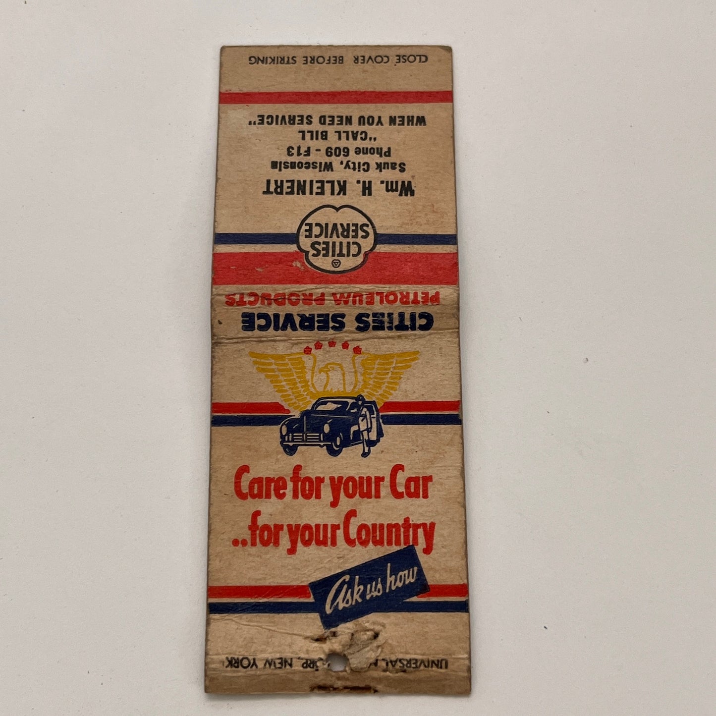 William H Kleinert Cities Service Sauk City WI Vintage Matchbook TB6-MB2-15