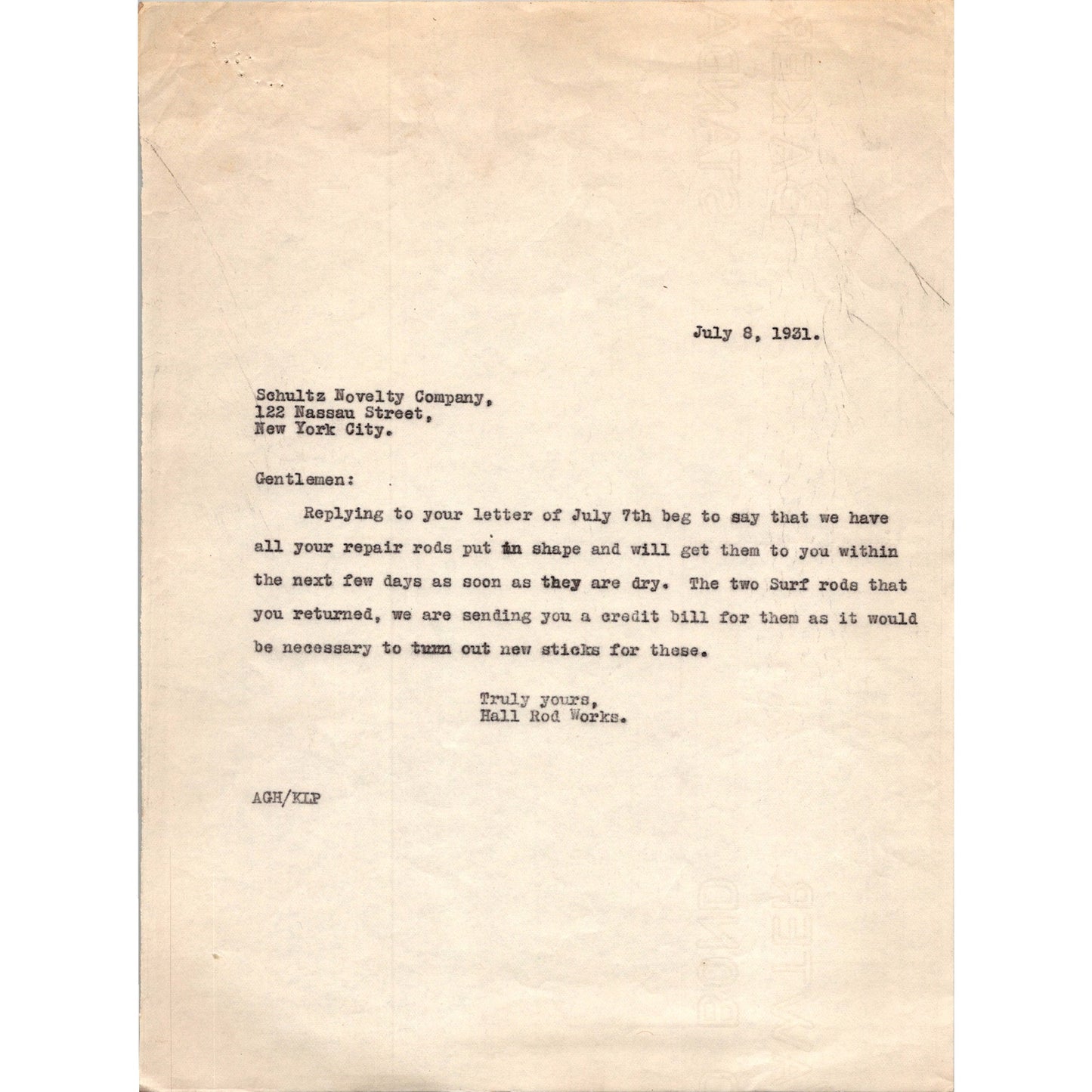 1931 Schultz Novelty & Sporting Goods Co Correspondence w/ Hall Rod Works C30