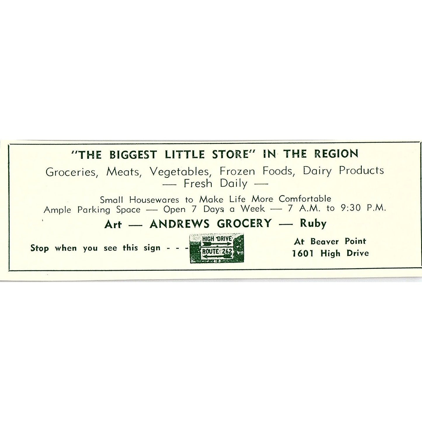 Wayne Owens Caramel Crisp Shop, Art Andrews Grocery 1957 Estes Park CO Ad AG4-M1