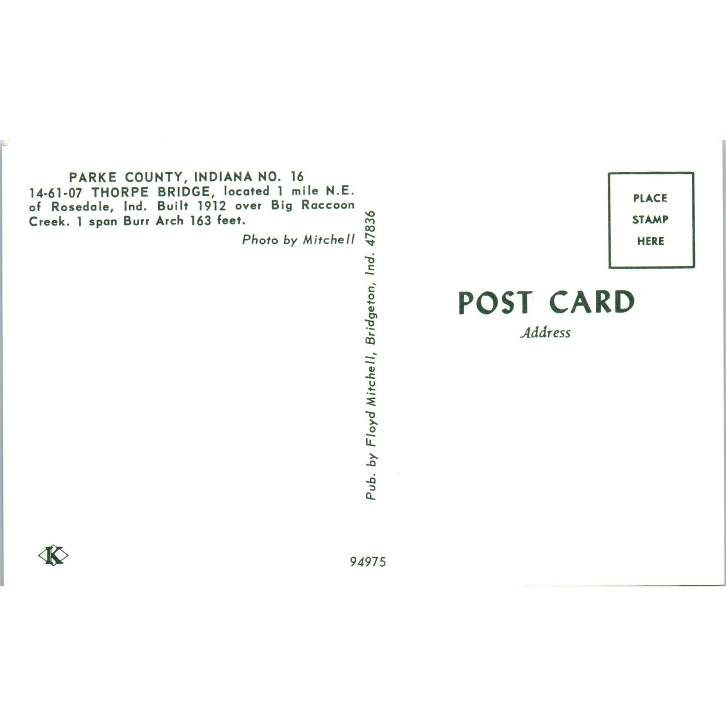 Thorpe Bridge Parke County IN No 16 Vintage Covered Bridge Postcard PD3