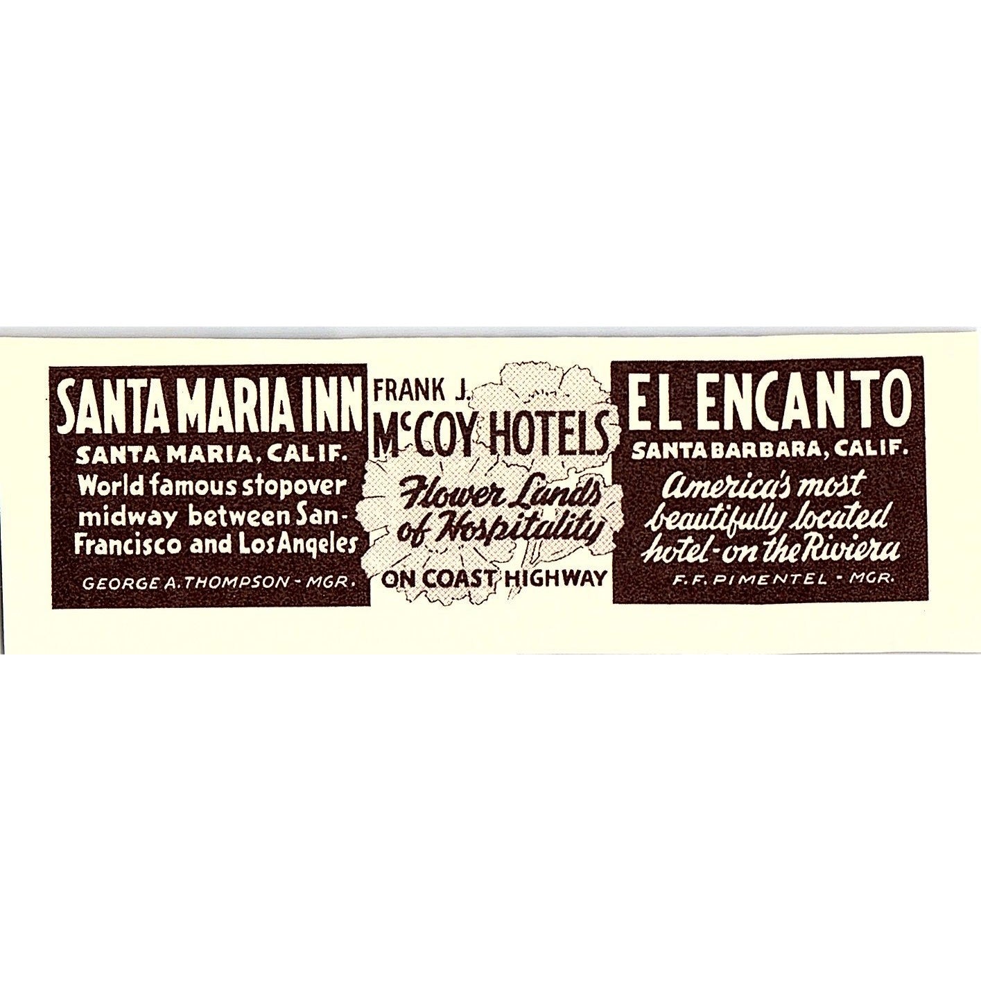 Santa Maria Inn George A Thompson, El Encanto F.F. Pimentel CA 1940 Ad AG1-M6