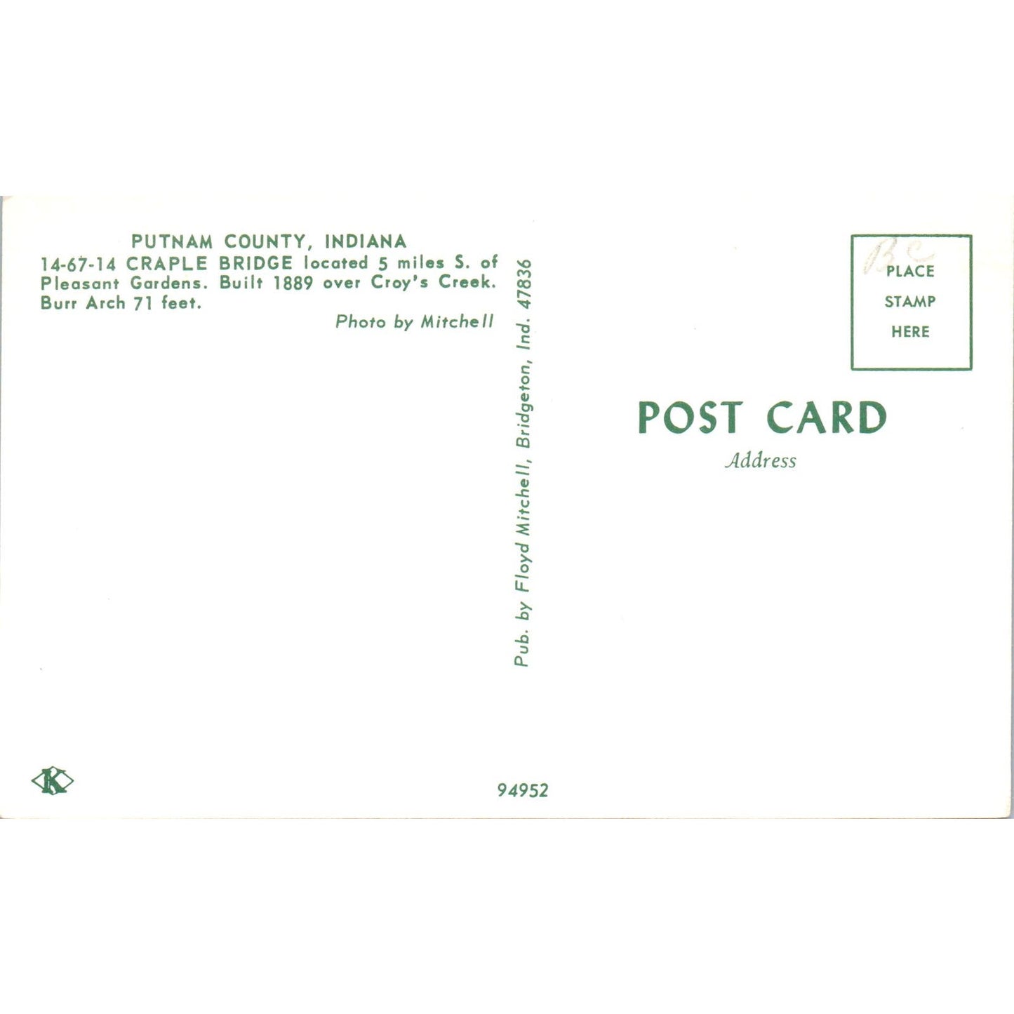 Craple Bridge 14-67-14 Putnam County IN Vintage Covered Bridge Postcard PD1