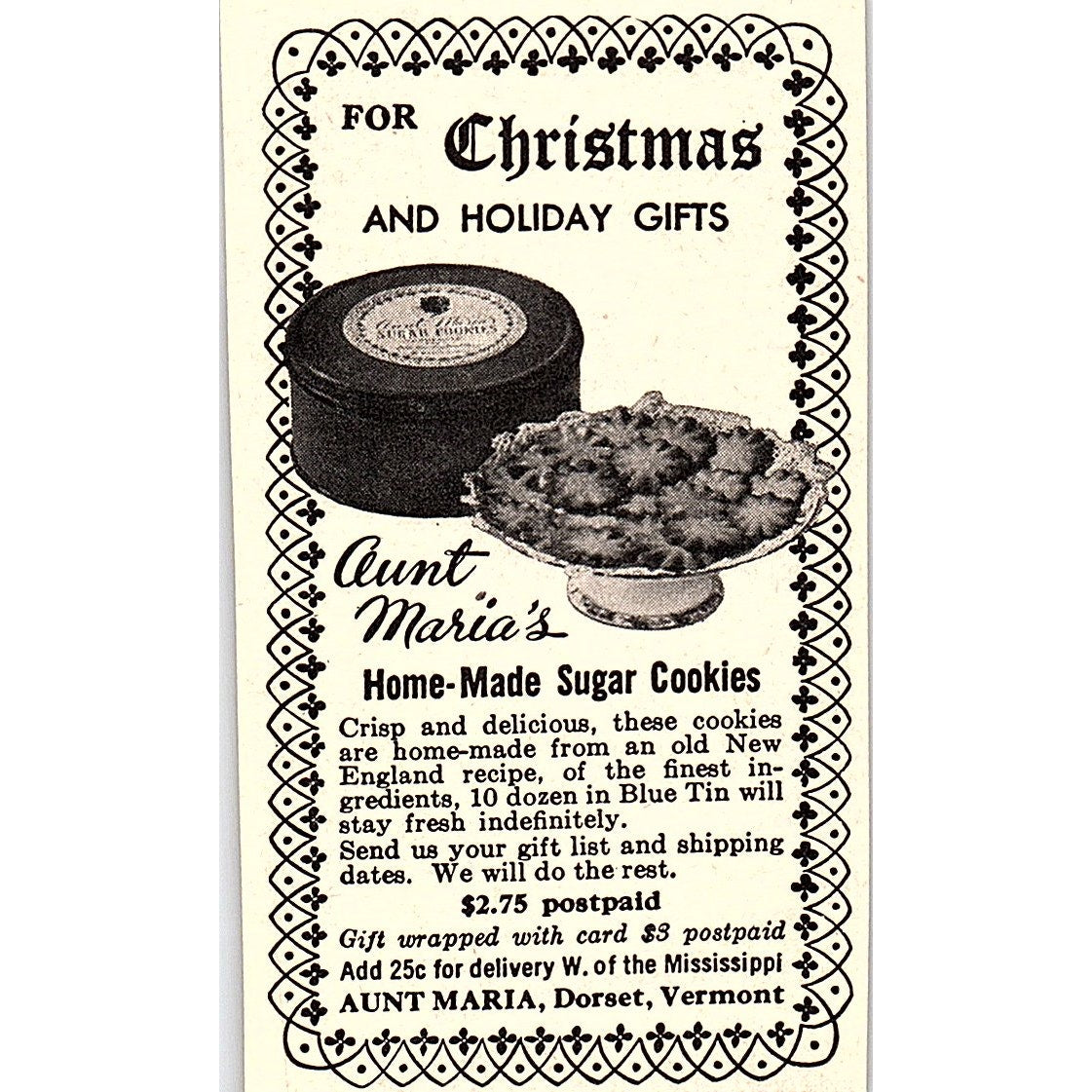 Aunt Maria Home-Made Sugar Cookies Dorset VT 1952 Yankee Magazine Ad SAG5-M3