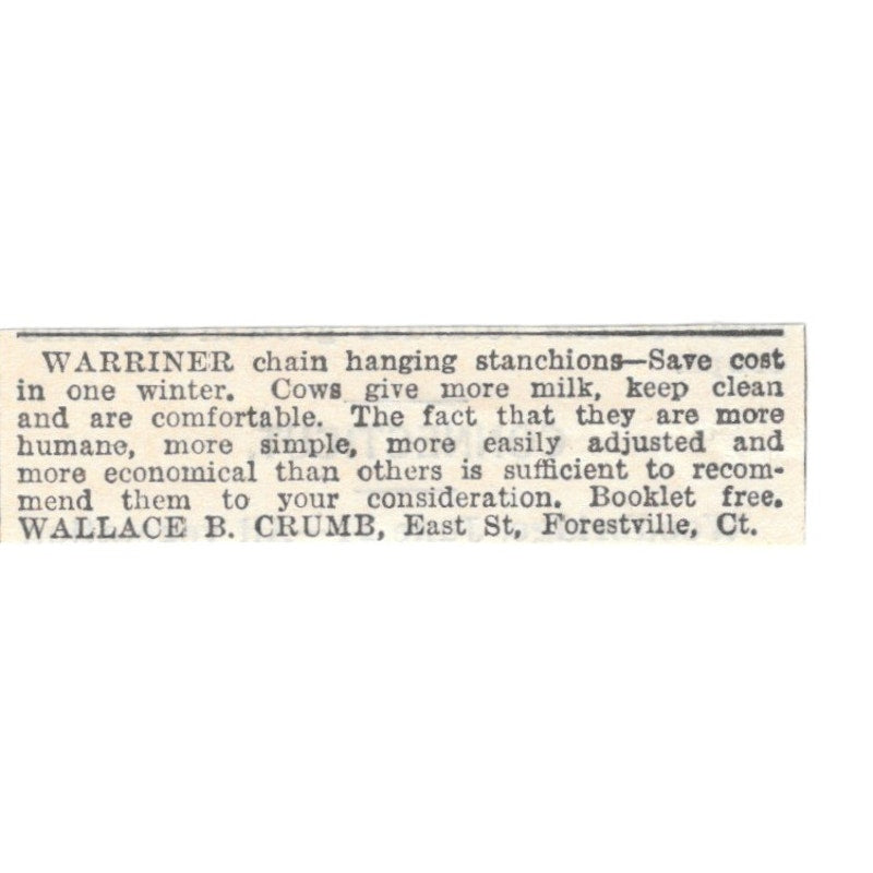Warriner Chain Hanging Stanchions Wallace B. Crumb Forestville CT 1905 Magazine Ad AF1-NES2