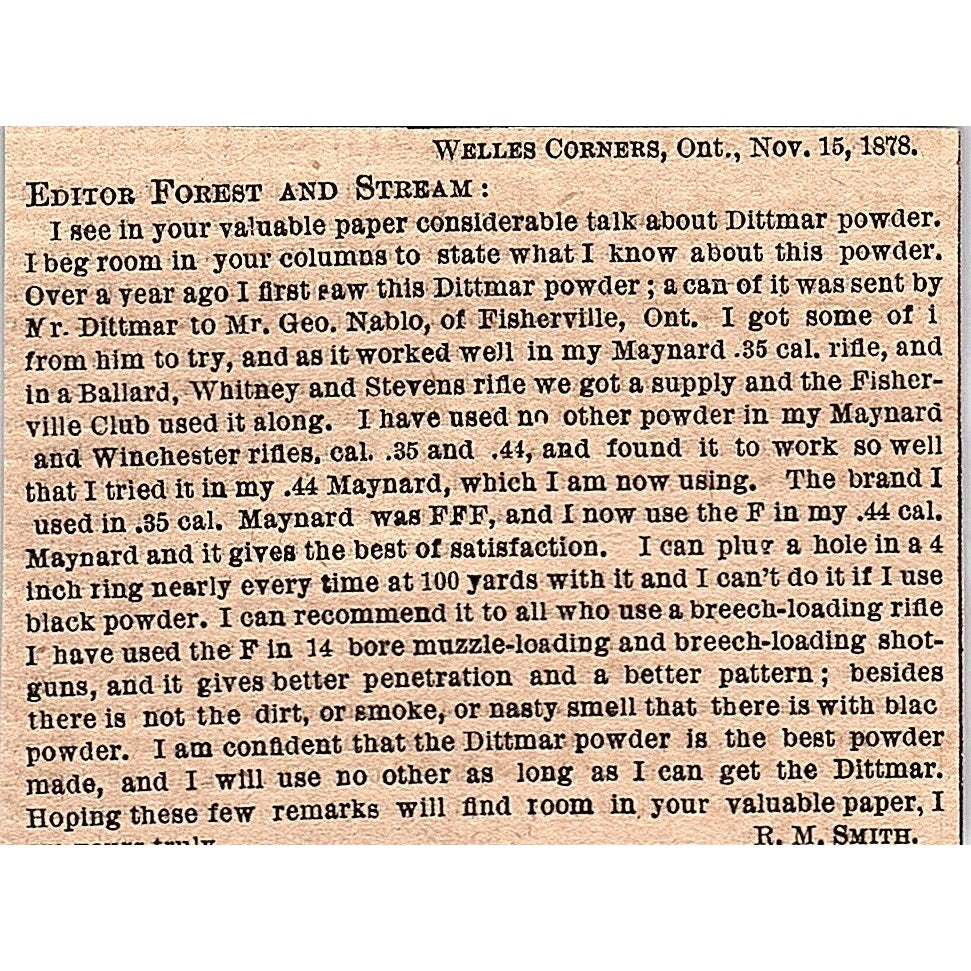 Dittmar Powder - R.M. Smith Welles Corners Ontario 1878 Article AG2-H3