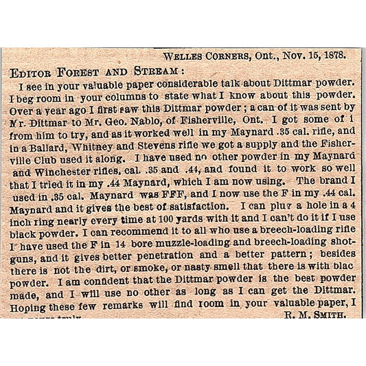 Dittmar Powder - R.M. Smith Welles Corners Ontario 1878 Article AG2-H3