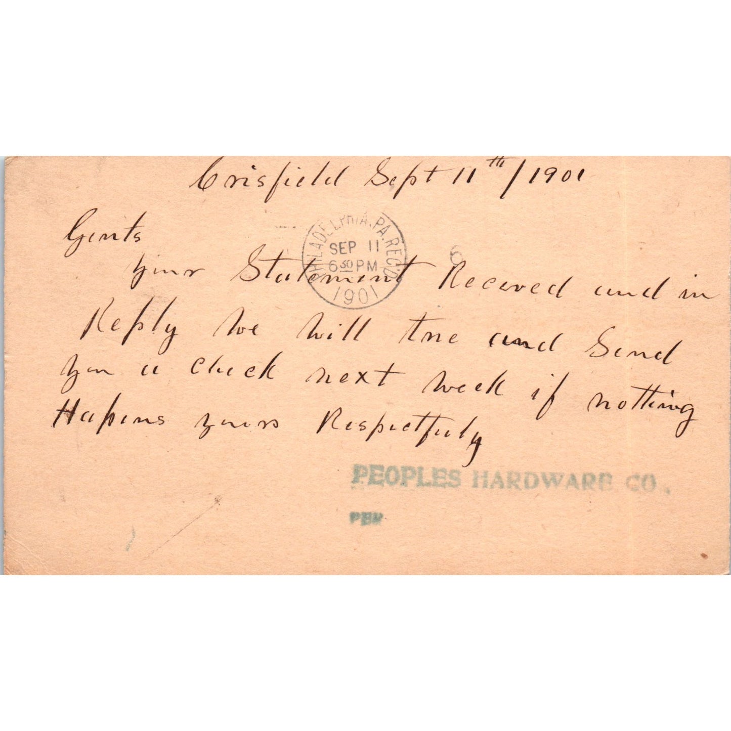 1901 Peoples Hardware Co Philadelphia PA Postal Mailing Card PE4