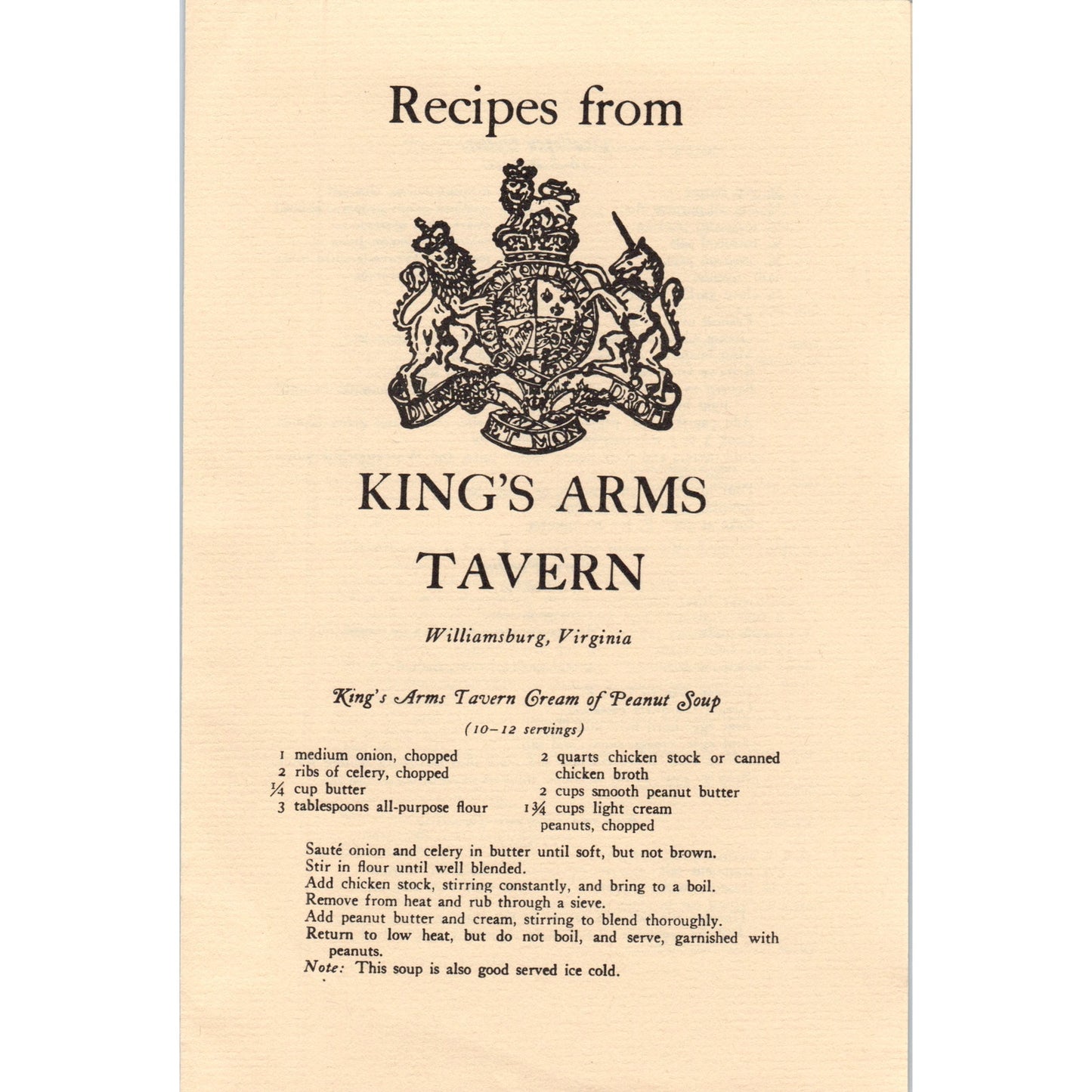 1970s Recipes from the King's Arms Tavern Williamsburg VA Travel Pamphlet TF4-BD