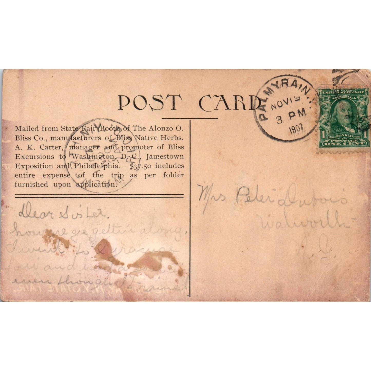 1907 Midway NY State Fair Alonzo Bliss Co Booth Vintage Postcard PD1