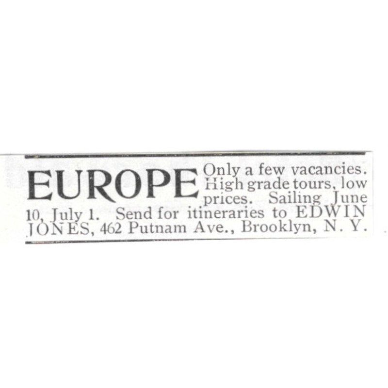 Europe Travel Edwin Jones Brooklyn NY 1903 Ad AF8-S45