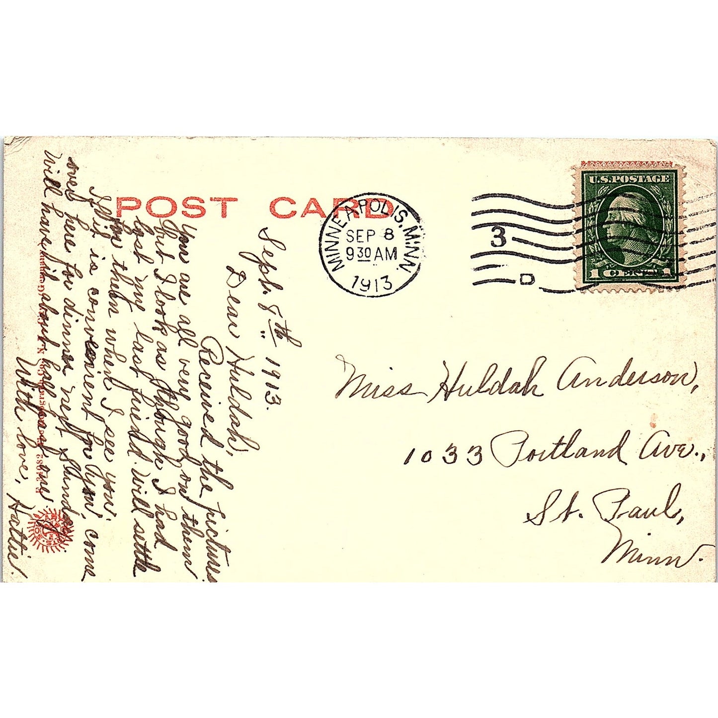 1913 Loring Park Huldah Anderson Minneapolis MN Antique Postcard AG2-M16