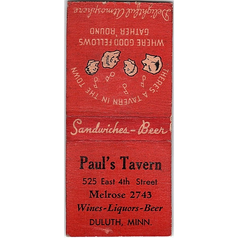 Paul's Tavern Duluth Minnesota Vintage Matchbook Cover SC7-Y4