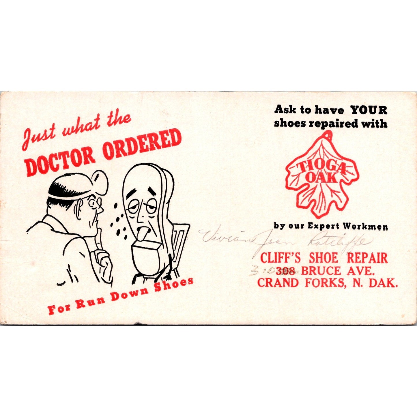 Cliff's Shoe Repair Tioga Oak Grand Forks ND Antique Blotter Card AJ5-H4