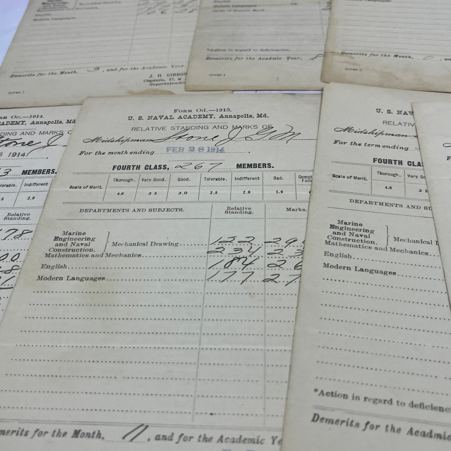 1914 Lot of 7 WWI Era US Naval Academy Midshipman JGM Stone Report Card TC5-RD