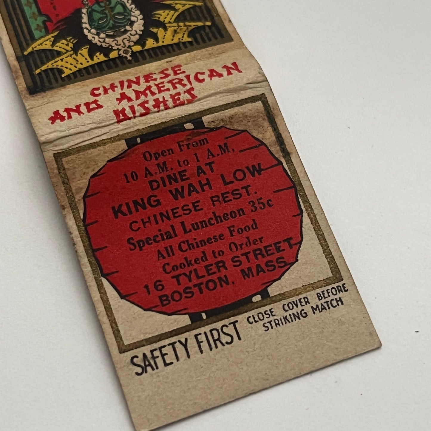 King Wah Low Chinese Restaurant Boston MA Vintage Matchbook Cover MM4-1