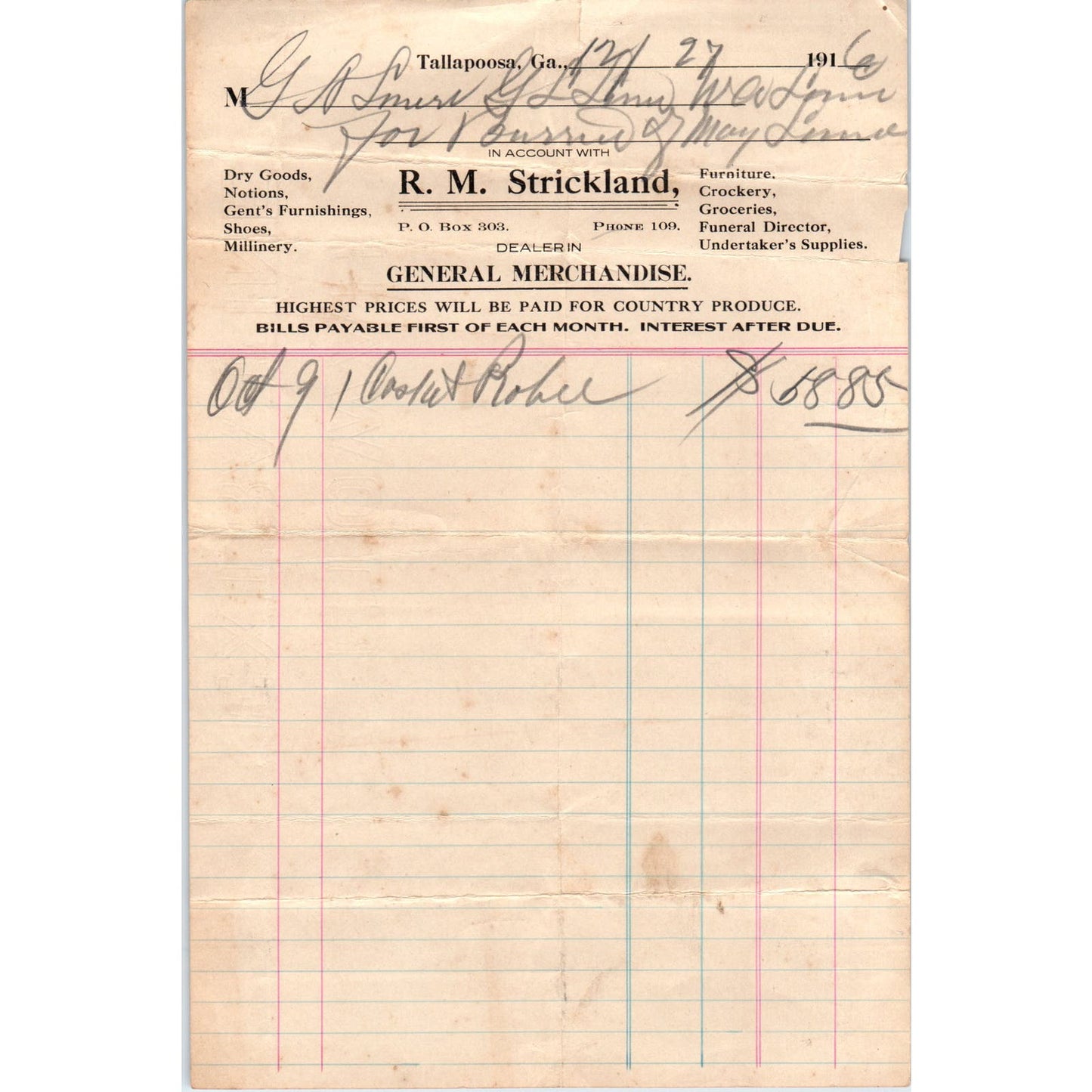 R.M. Strickland General Merchandise Tallapoosa GA 1916 Original Billhead D8-LL