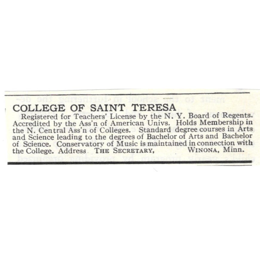 College of St. Teresa Winona MN c1918 Original Magazine Advertisement AE5-SA4