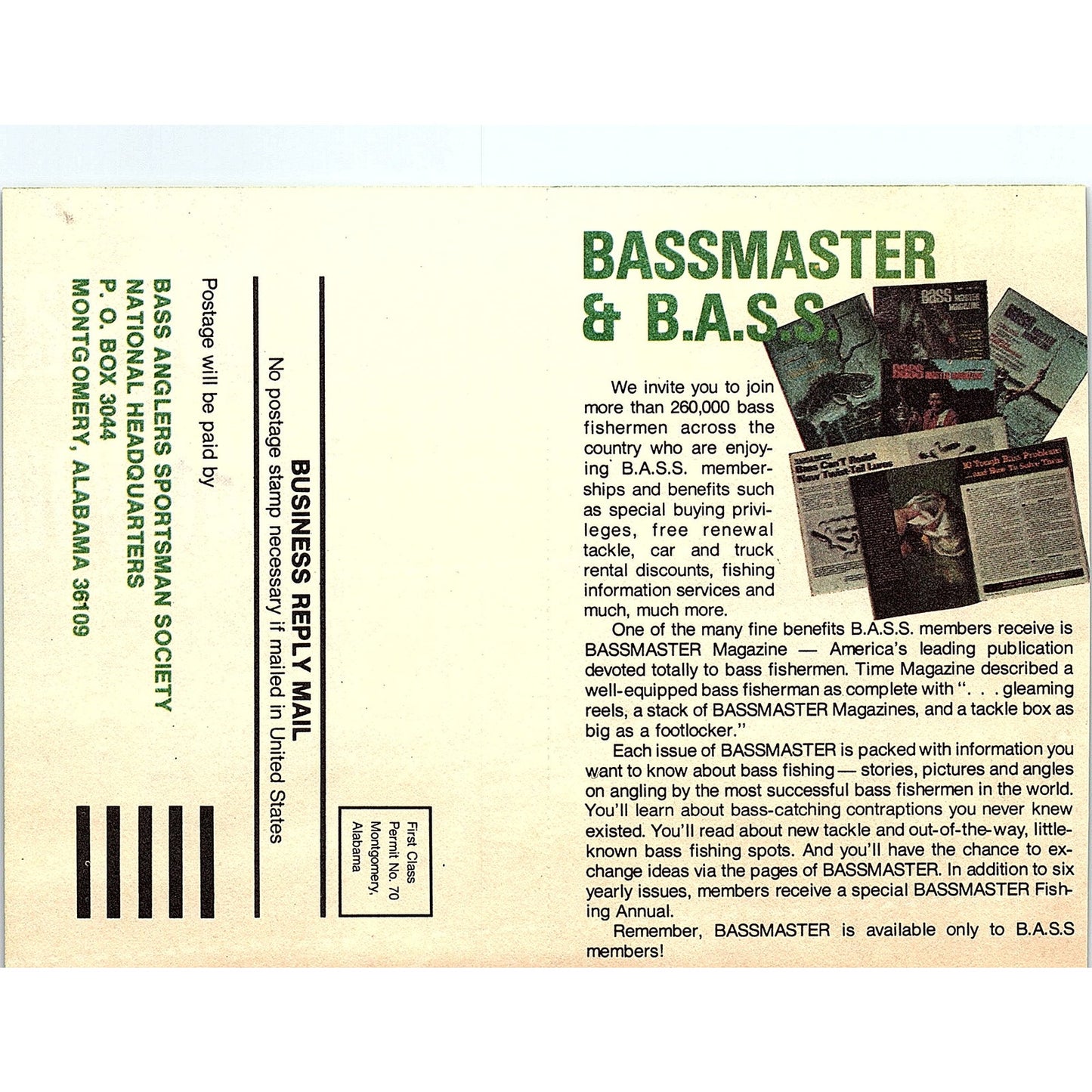 Bass Anglers Sportsman Society Montgomery AL Postal Mailing Card 1977 Ad AF6-5