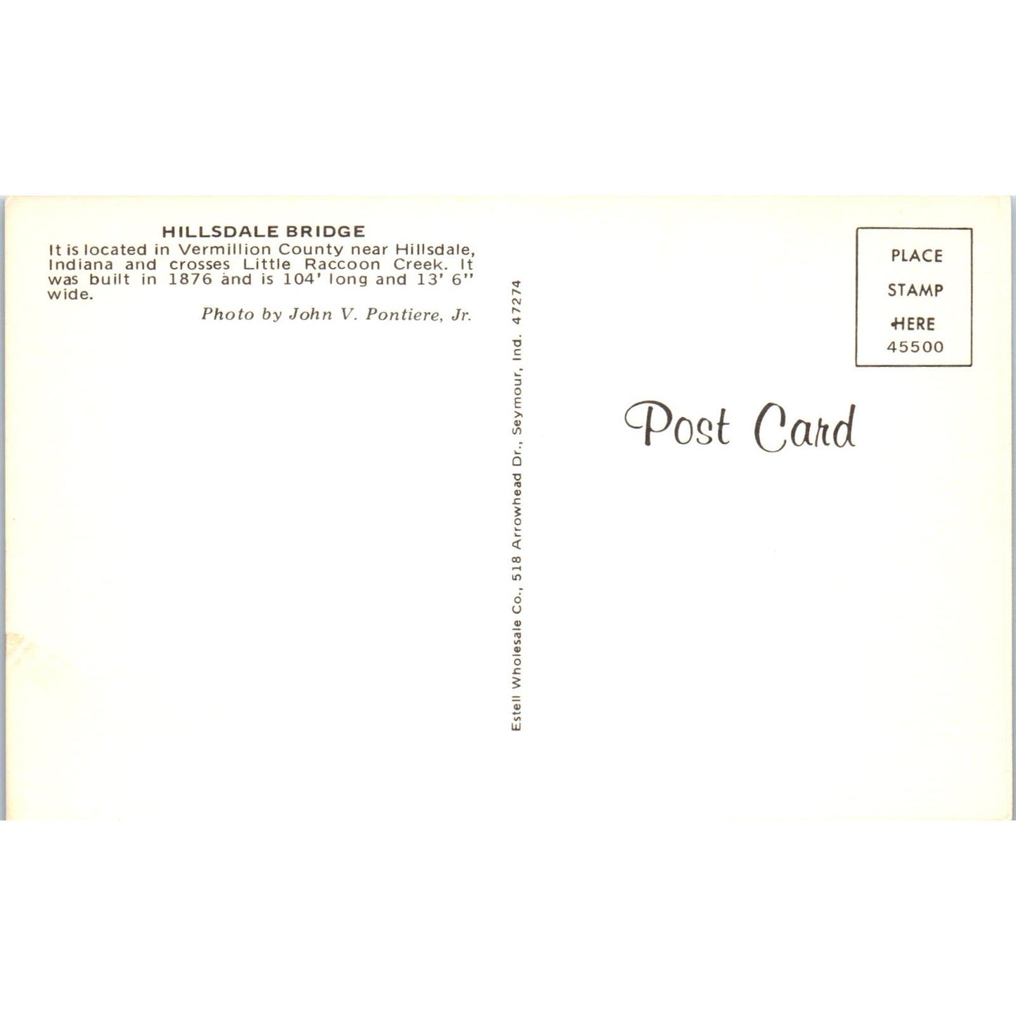 Hillsdale Bridge Vermillion Little Racoon Creek IN Covered Bridge Postcard PC7