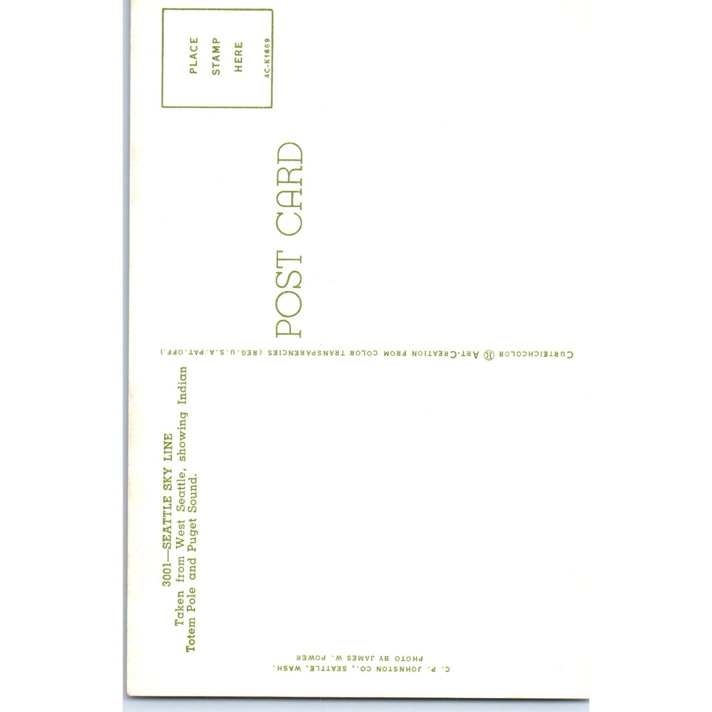 Indian Totem Pole and Puget Sound Seattle Skyline Vintage Postcard PD9