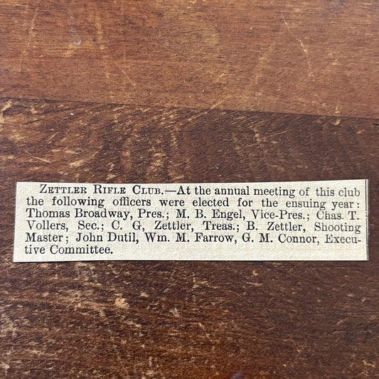 Nov 1878 Zettler Rifle Club Election M.B. Engel Chas T Vollers 1878 Clip AG2-S17