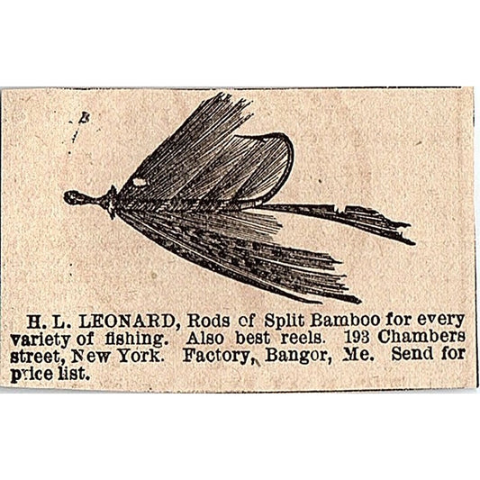 H.L. Leonard Split Bamboo Fishing Rods NY, Bangor Maine 1878 Ad AG2-M15