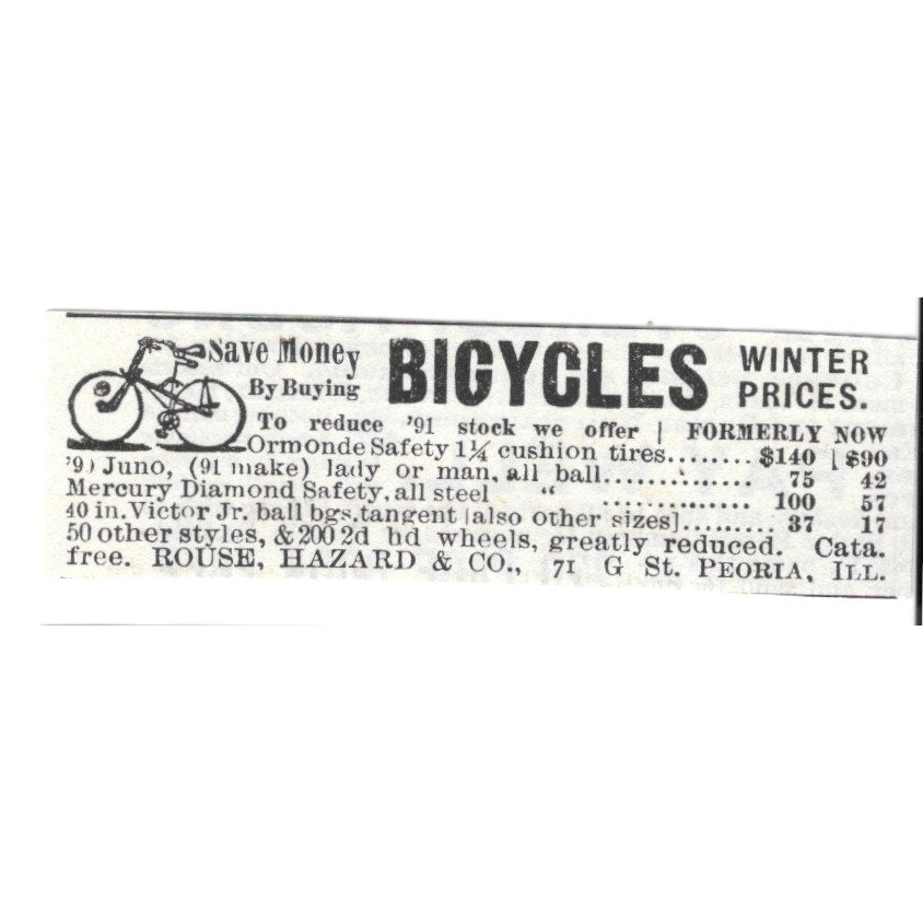 Bicycles on Winter Prices Rouse, Hazard & Co Peoria IL 1892 Ad AG2-S23