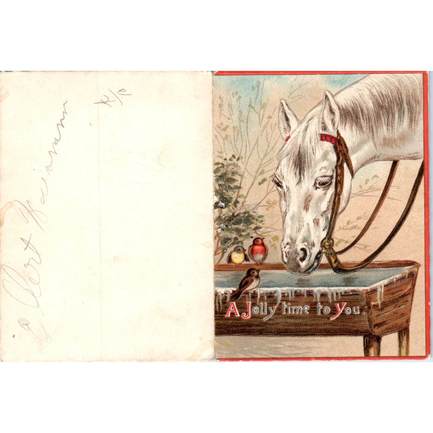 Antique Christmas Greeting Card White Horse 3.25x4.5" AF7-E11