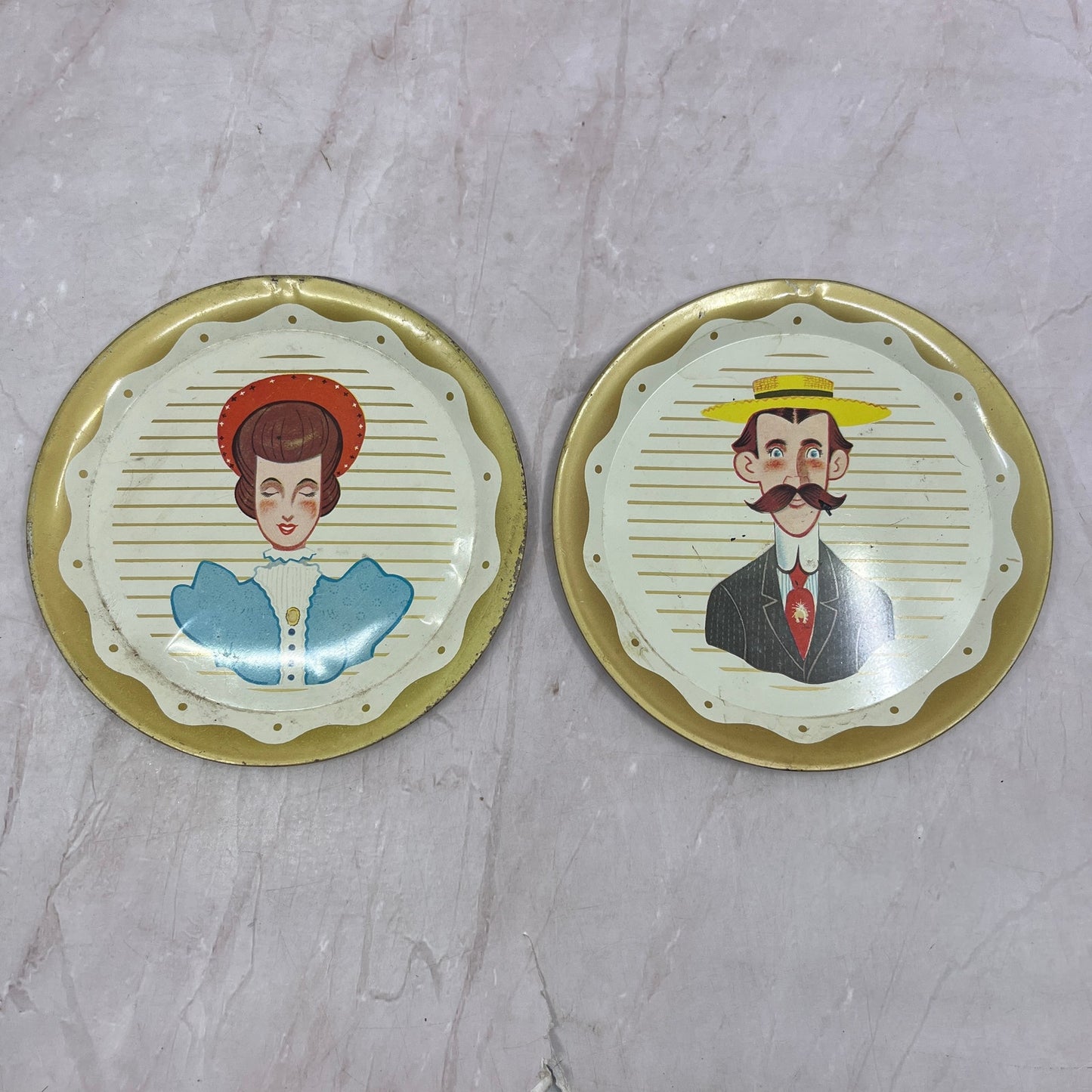 Retro Kitsch Tin Copper plates Victorian Man & Woman Handlebar Mustache 5" SF4