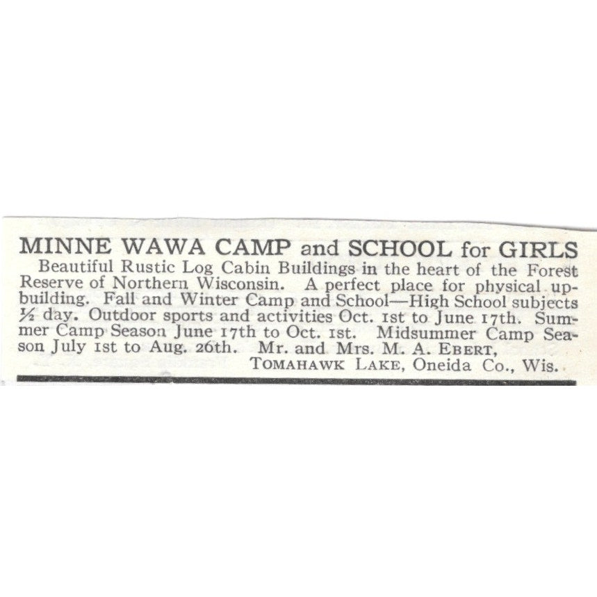 Minne Wawa Camp and School for Girls Tomahawk Lake WI MA Ebert c1920 Ad AG4-S2
