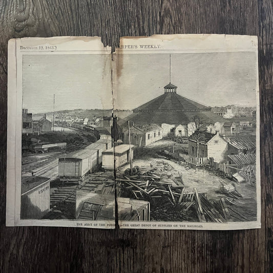 Army of the Potomac Railroad Supply Depot Original 1863 Civil War Engraving C101