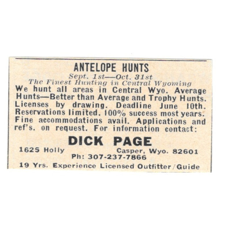 Dick Page Antelope Hunts Casper Wyoming 1977 Ad AF6-S4