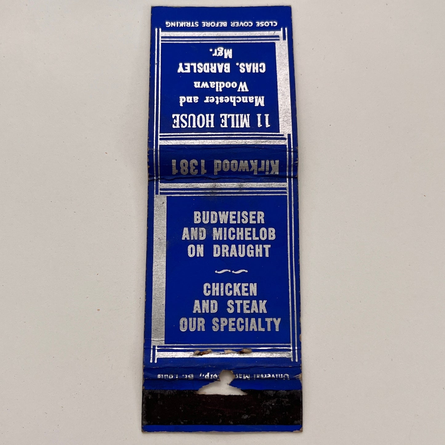 11 Mile House Manchester & Woodlawn Chas Bardsley Vintage Matchbook TB6-MB2-15