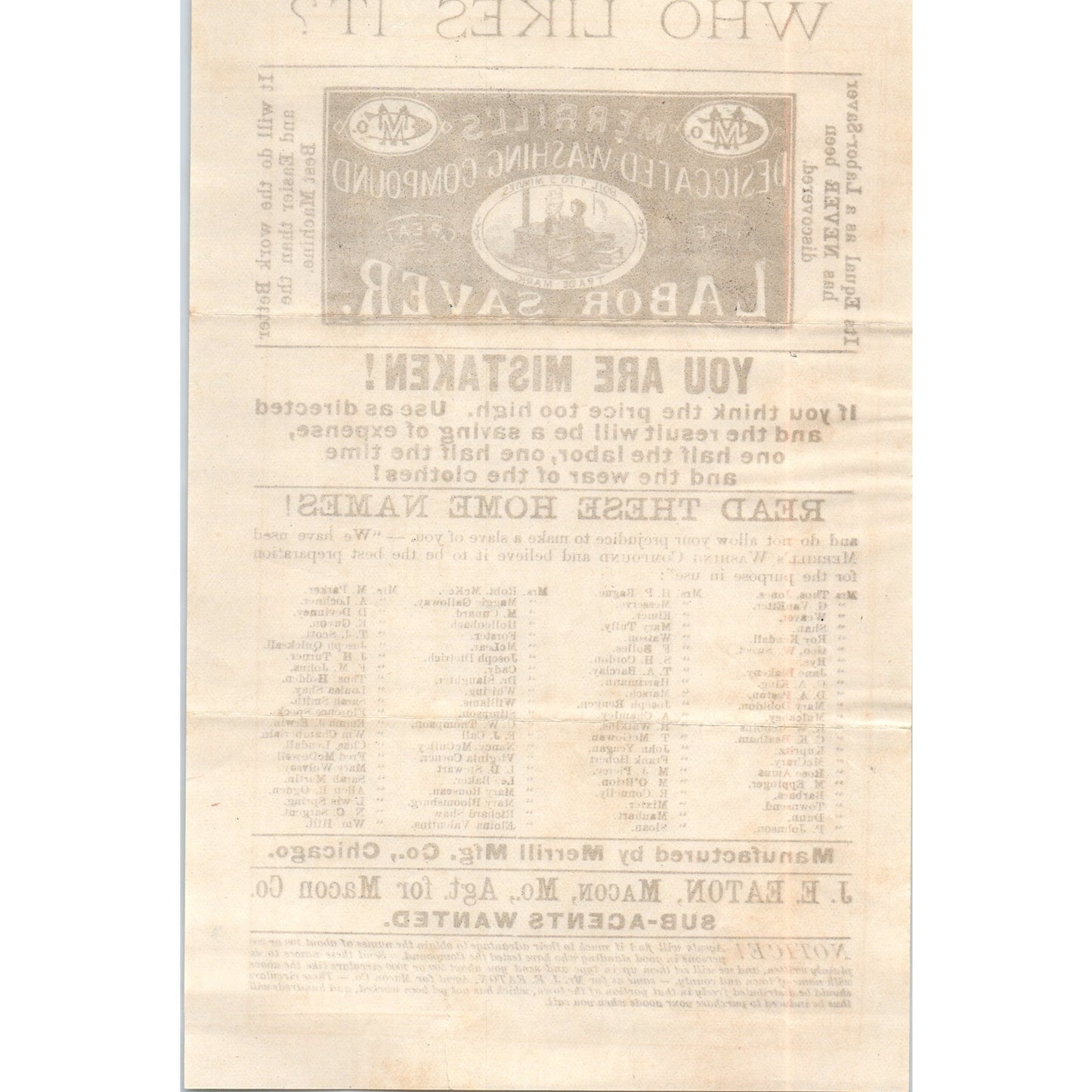 c1910 Merrill's Desiccated Washing Compound JE Eaton Macon County Leaflet AD8-R7