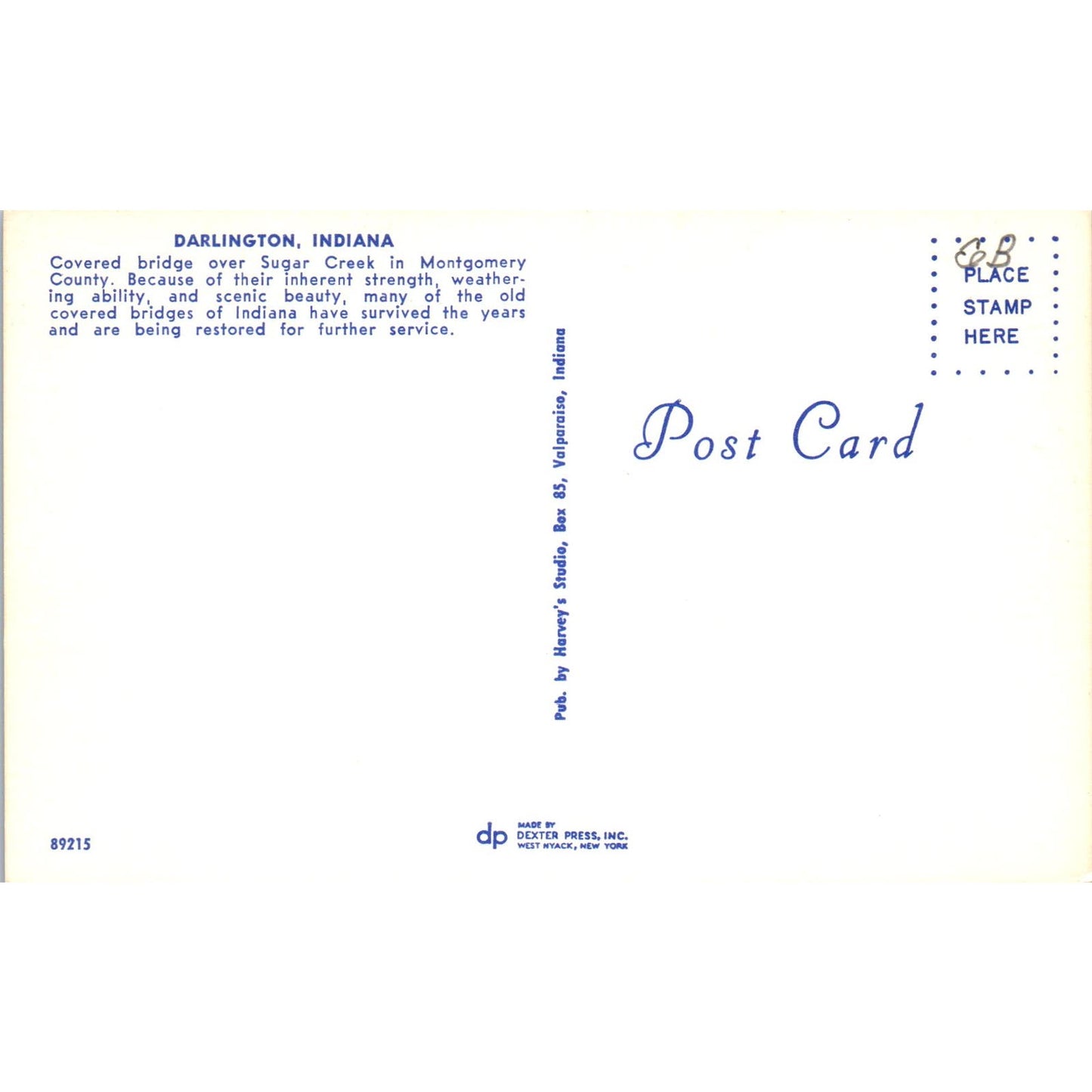 Sugar Creek Darlington, Montgomery County Indiana Covered Bridge Postcard PB11