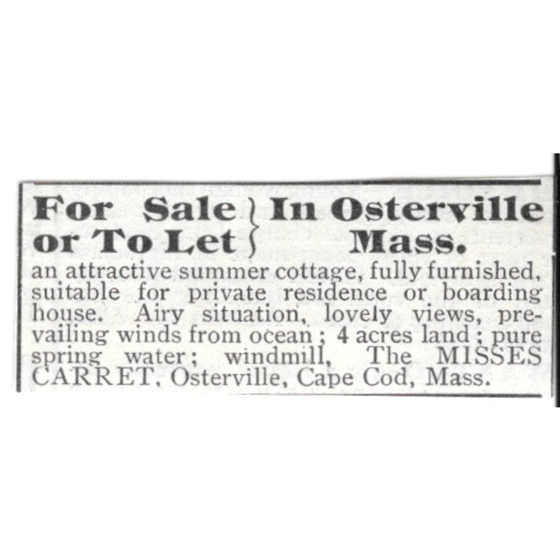 Osterville MA Summer Cottage to Let The Misses Carret Cape Cod 1903 Ad AF8-S36