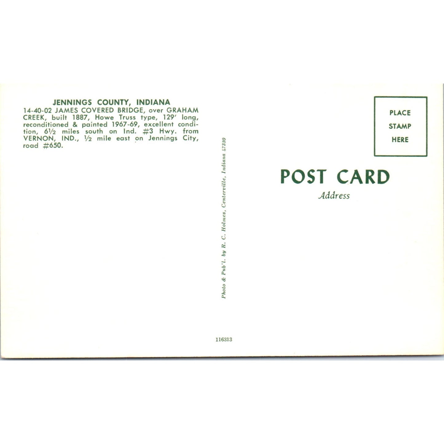 James Bridge Vernon, Jennings County Indiana Covered Bridge Postcard PB11