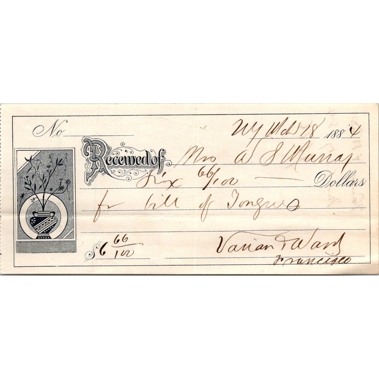 Jacob Varian & Eugene Ward Groceries New York 1884 Billhead & Bank Check C30