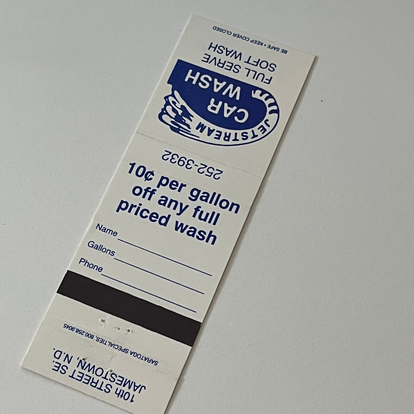 Jetstream Car Wash 10th St SE Jamestown ND Vintage Matchbook Cover MM5-7