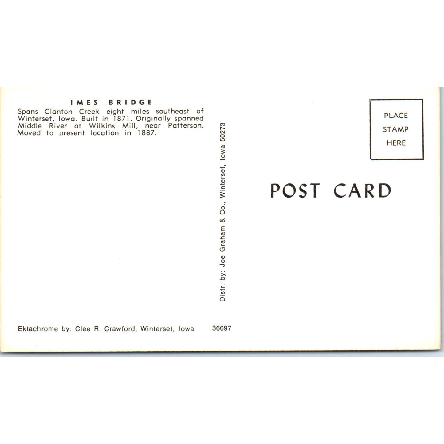 Imes Bridge Winterset Iowa Vintage Covered Bridge Postcard PC16