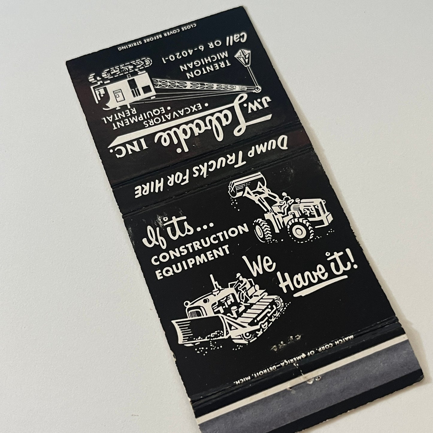 J.W. Labadie Inc Construction Equipment Trenton MI Vintage Matchbook Cover TB6-MB2-6