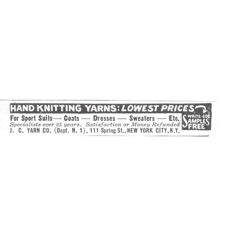 J.C. Yarn Co. Hand Knitting Yarns New York NY 1936 Ad SAG4-S12