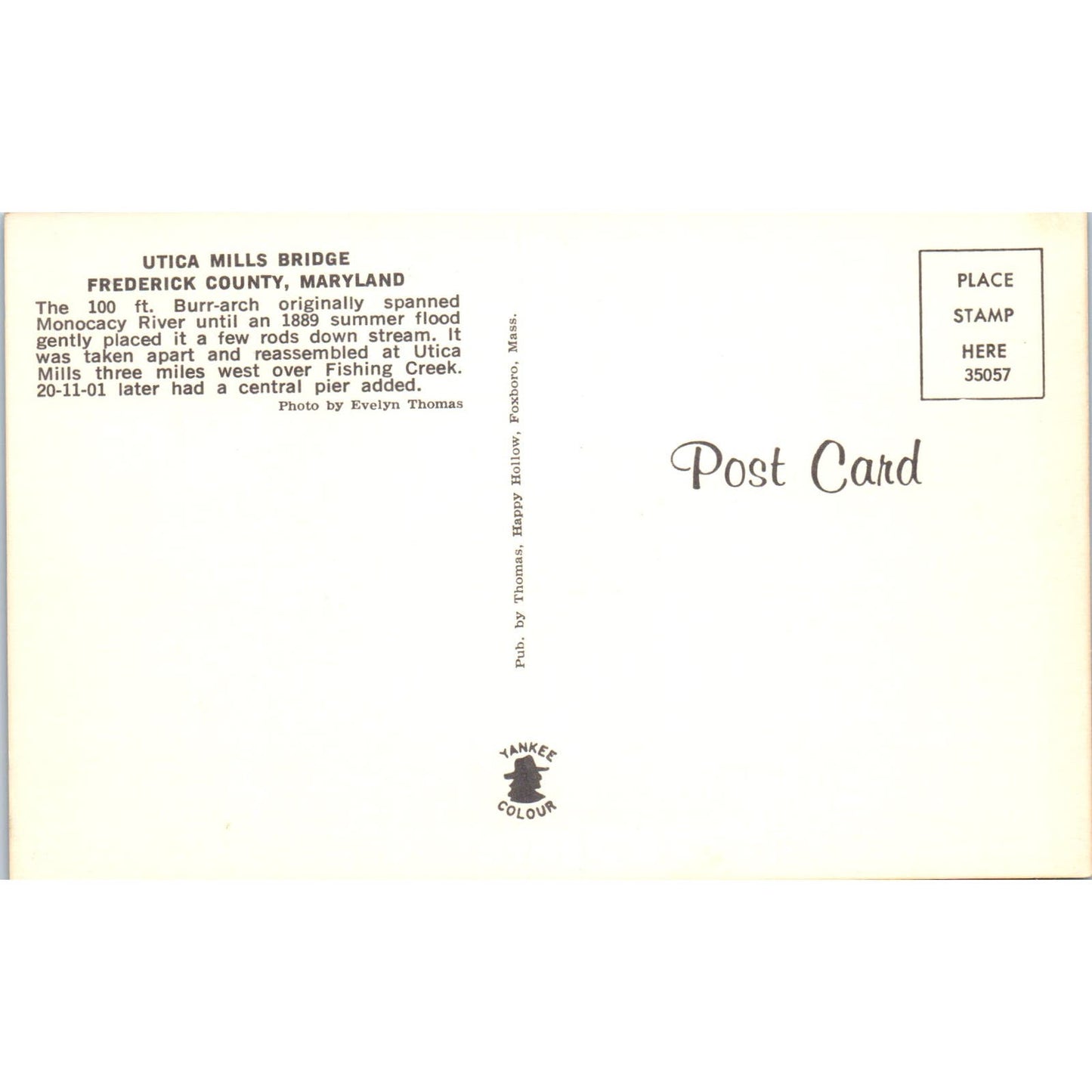 Utica Mills Bridge Frederick County MD Covered Bridge Postcard PB12