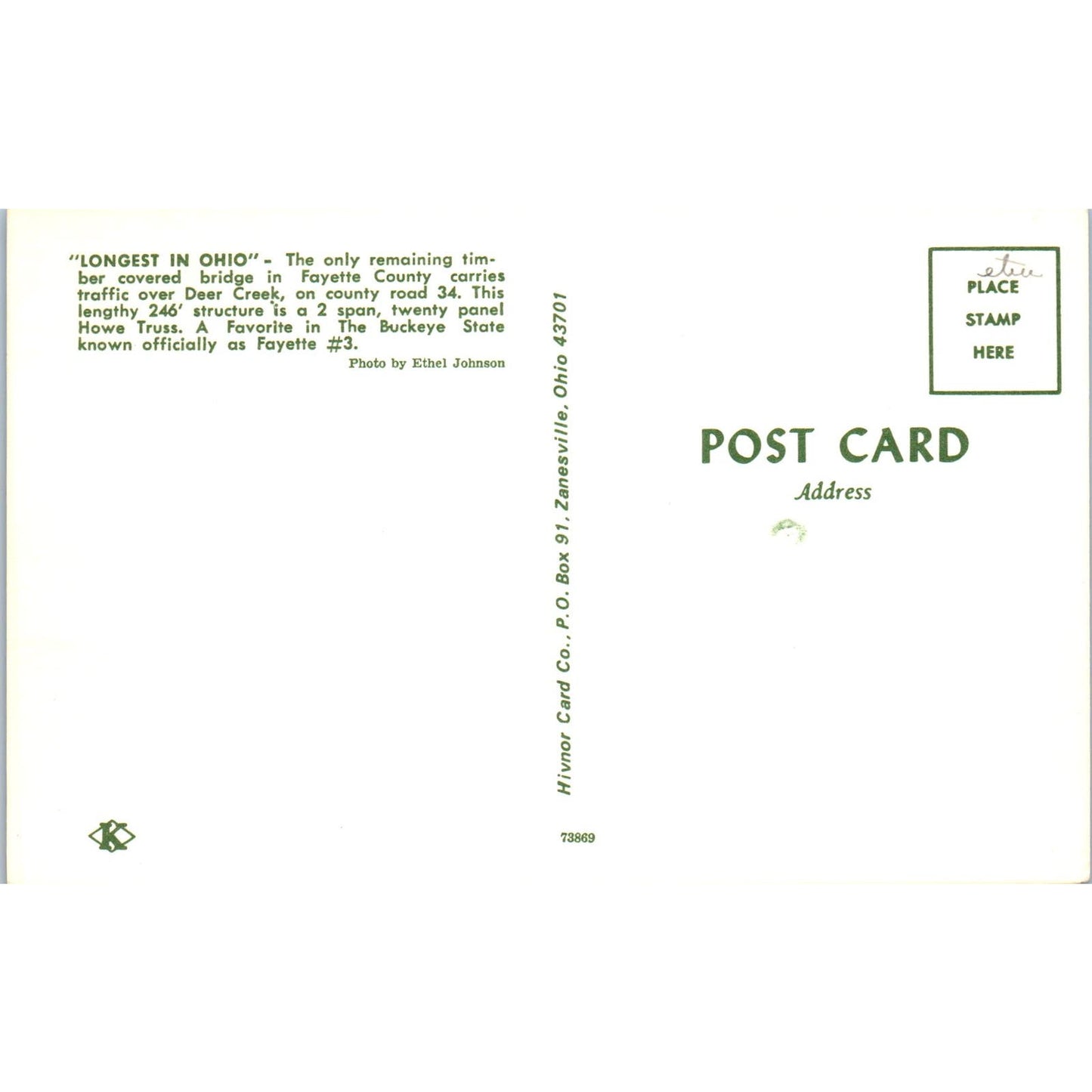 Deer Creek Fayette County Ohio Covered Bridge Postcard PC2