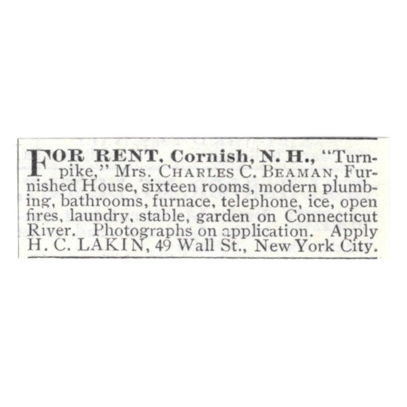 Cornish NH Home Charles C. Beaman H.C. Lakin NY 1903 Magazine Ad AF7-SS3