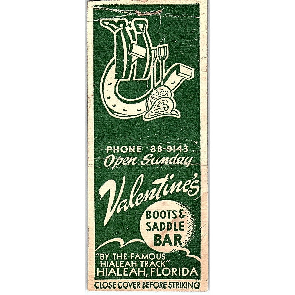 Tom Valentine's Boots & Saddle Bar Hialeah FL Vintage Matchbook Cover SE5-Y2