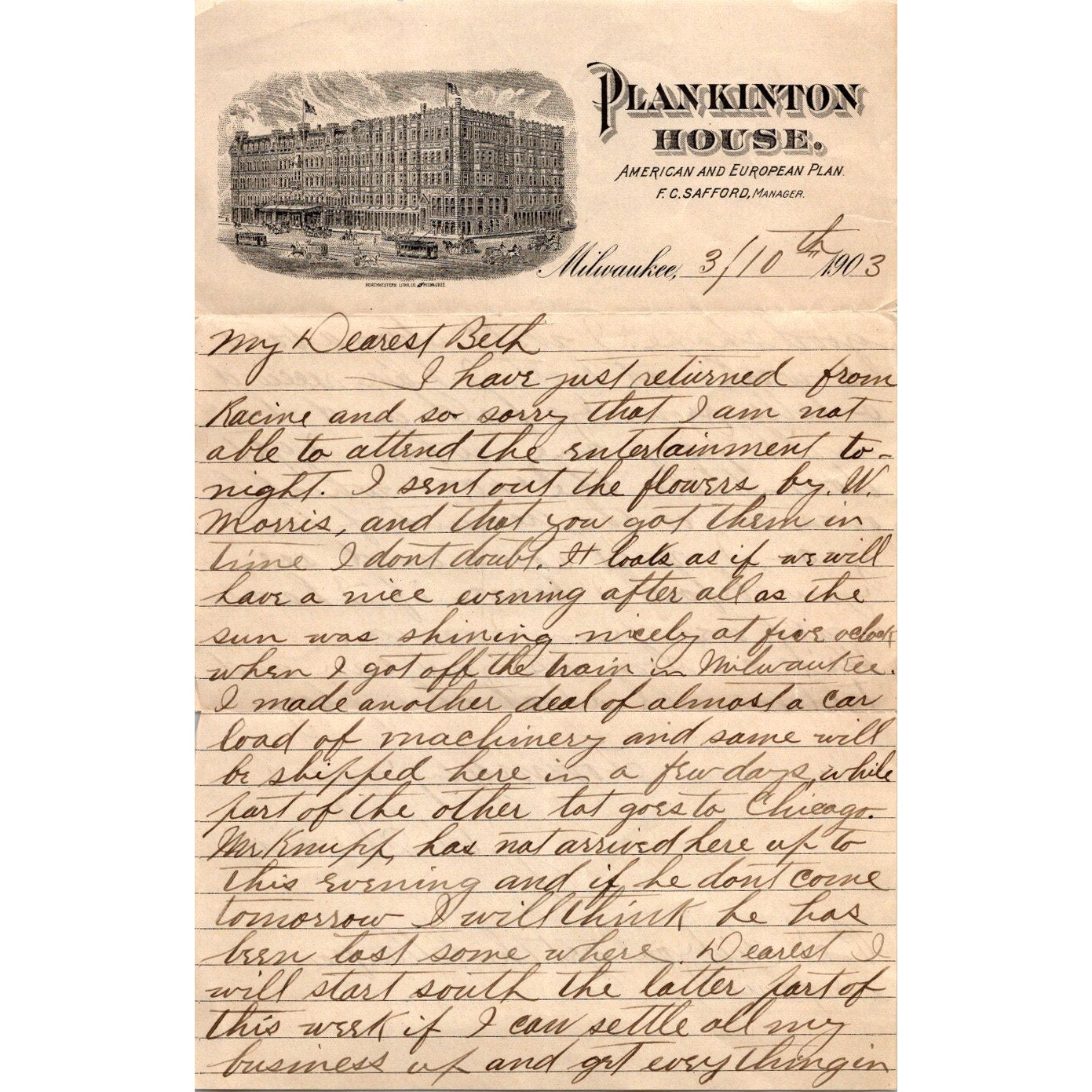 1903 Plankinton House Milwaukee Letterhead J.W. Swain F.C. Safford J16