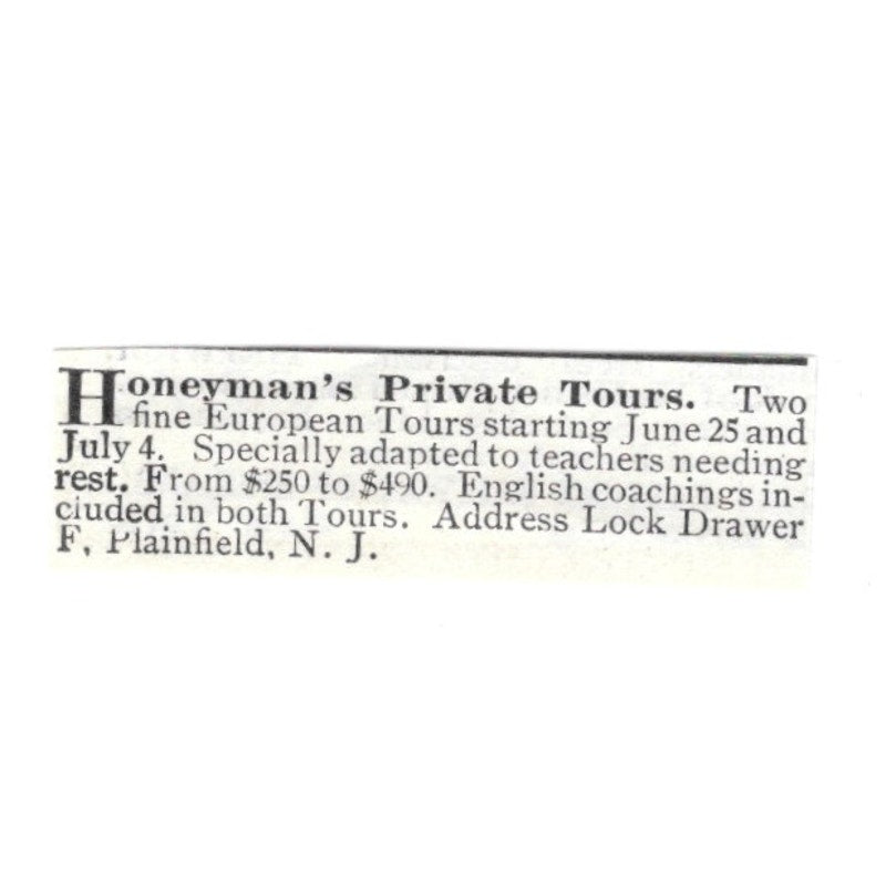 Honeyman's Private Tours of Europe - Plainfield NJ 1903 Ad AF8-S40